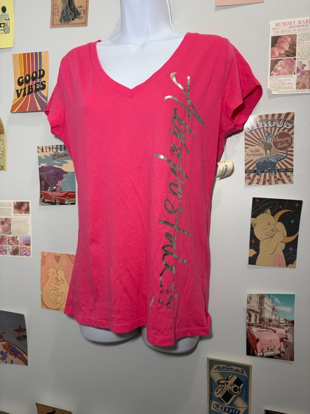 Aeropostale Hot Pink V-Neck Graphic Tee with Metallic Script